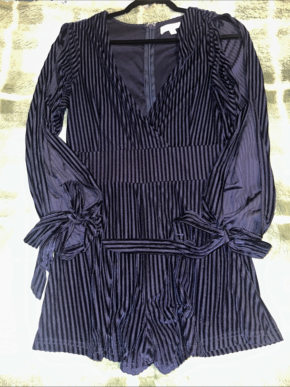 Honey Punch Navy Blue Velvet Striped Long Sleeve Romper